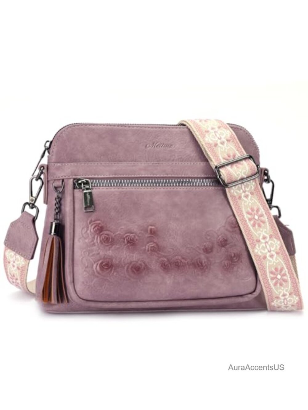 Vegan Leather Crossbody Purse Rose Embossed Adjustable Strap